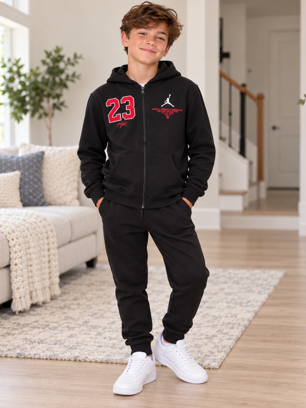 Jordan Kids Black Zip-Up Hoodie with Red 23 Patch